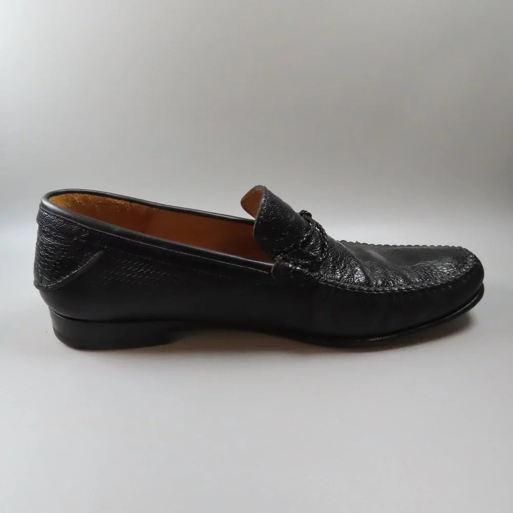 Mezlan Vesta Ostrich Leg and‎ Woven Calfskin Moc Toe Bit Strap Loafers Black 10